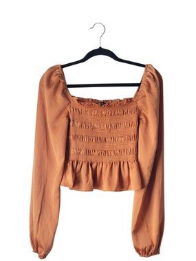 Mixed Thread Copper Smocked Square Neck Satin Blouse